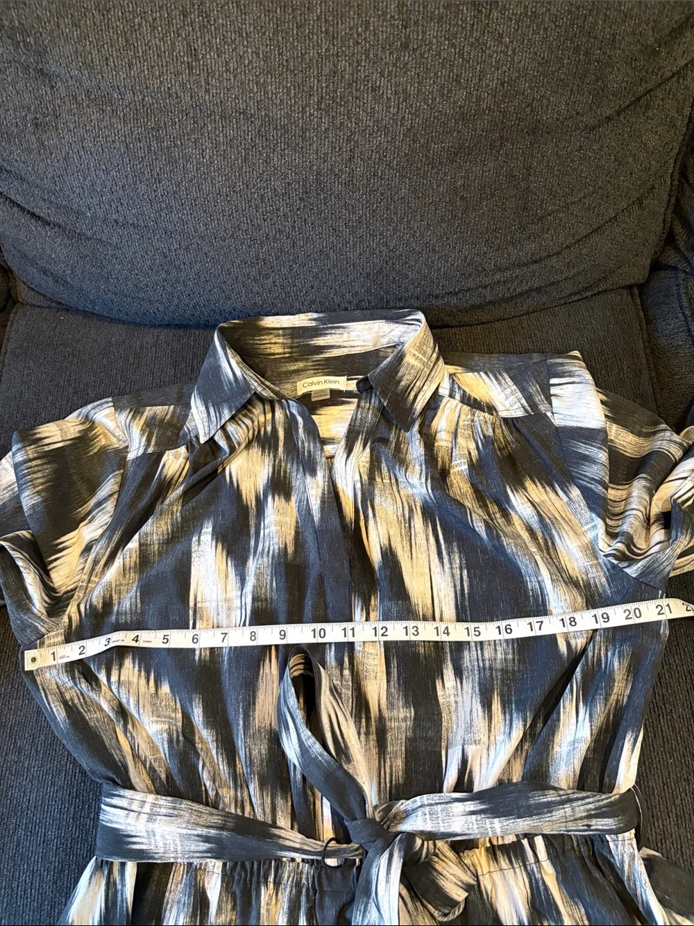 Calvin Klein Black and White Abstract Long Sleeve Tie Waist Collar Dress-14 - Picture 10 of 13